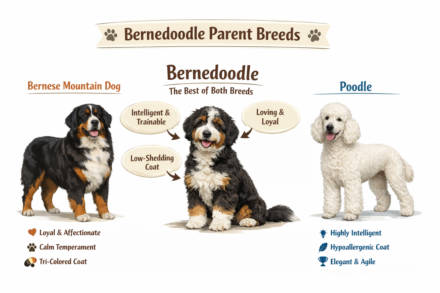 bernedoodle parent breeds: Bernese Mountain Dog and Poodle traits