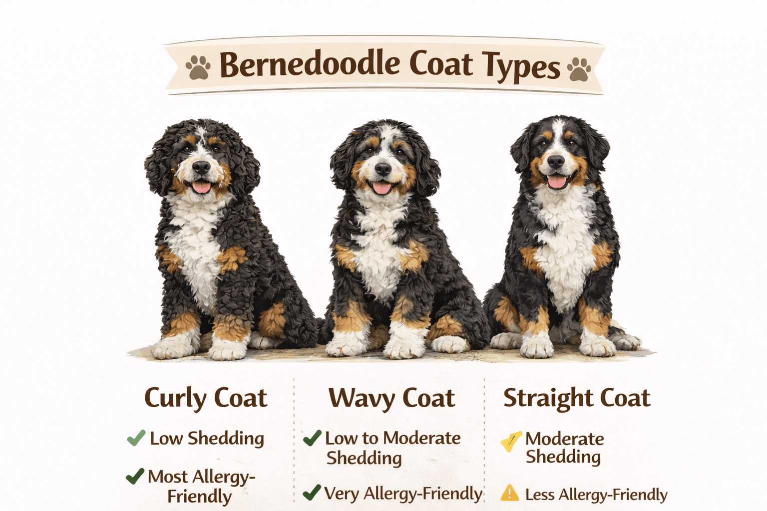 "Infographic showing Bernedoodle coat types: curly, wavy, and straight. Curly coats are labeled as least shedding and most hypoallergenic, wavy coats as moderate shedding, and straight coats as shedding most and least hypoallergenic. Colorful and clear blog-friendly design."